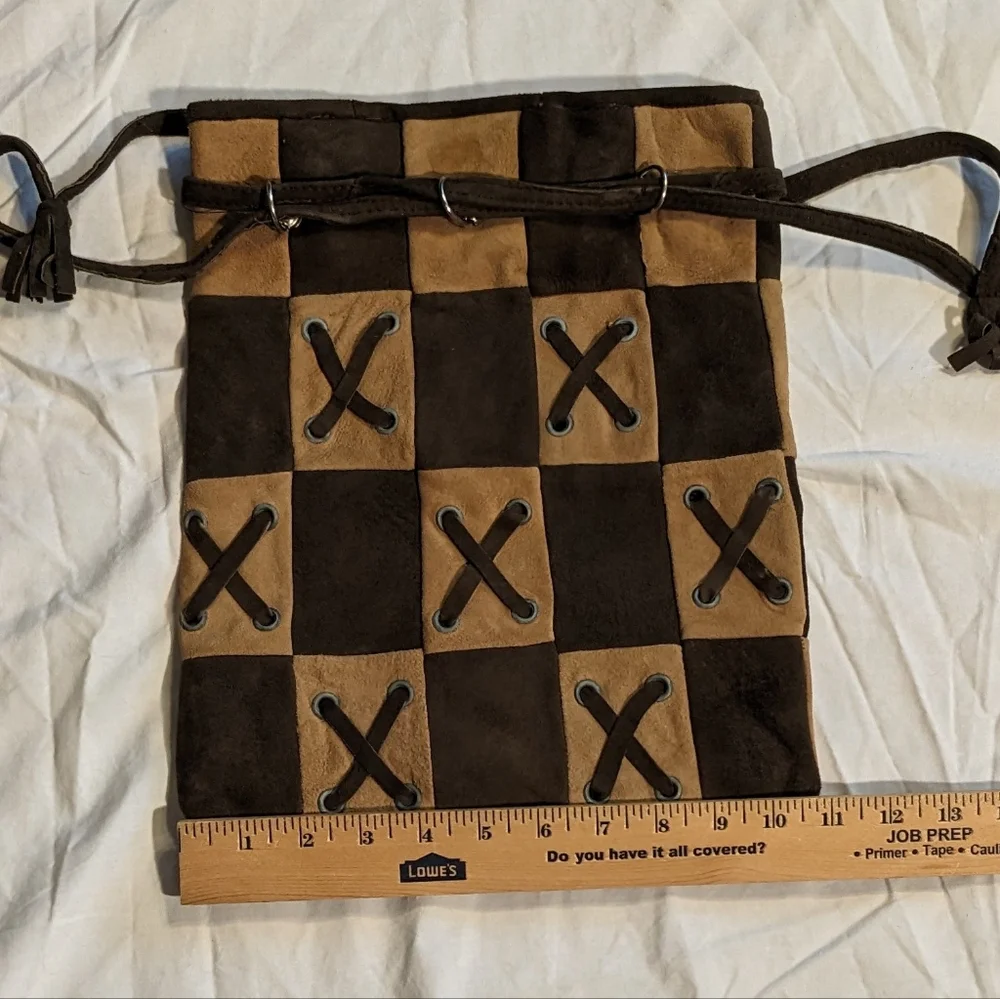 Vintage 1960's  Boho tan &‎ brown patchwork suede purse, made in Spain